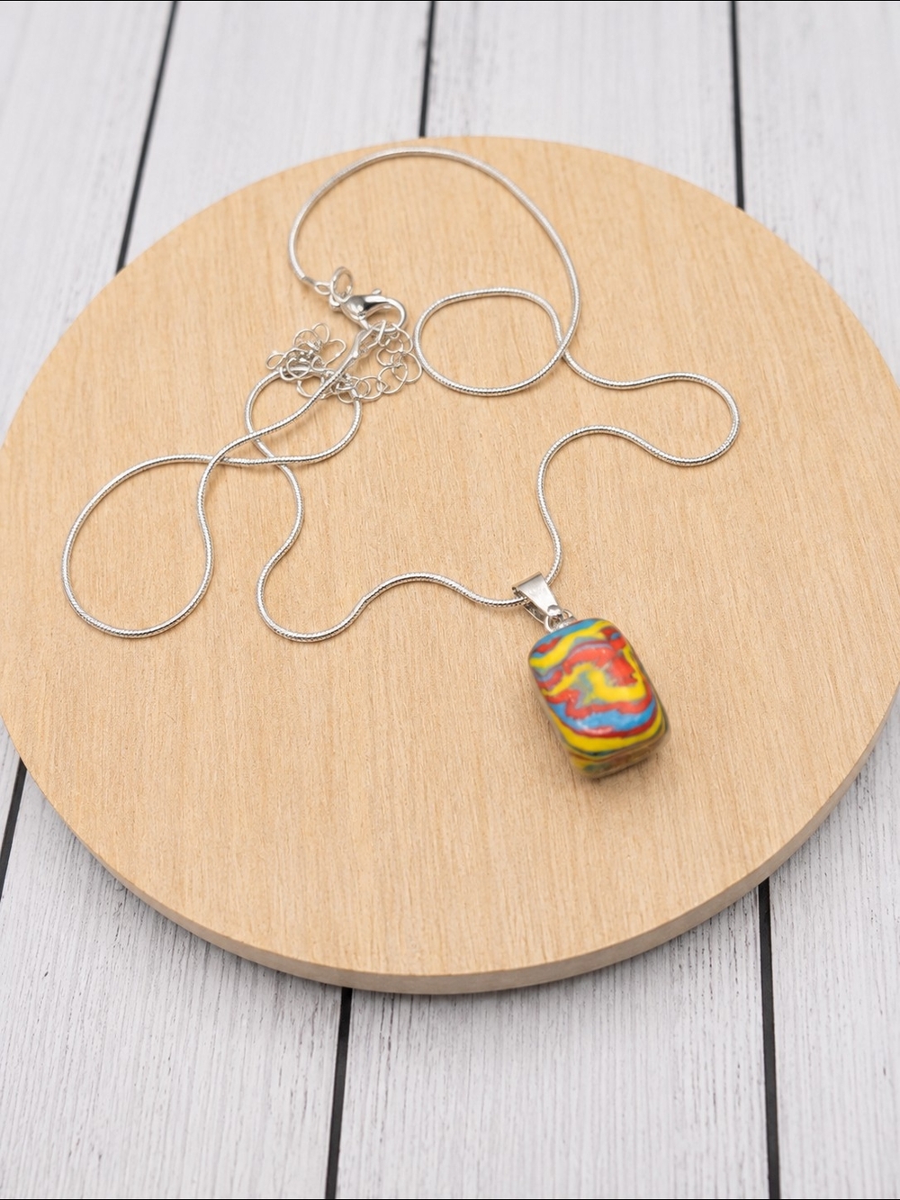 Multicolor Swirl Rectangle Pendant Necklace - Silver Chain